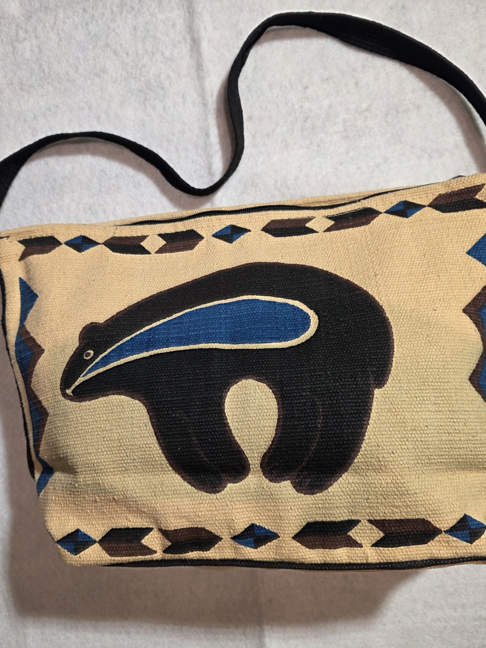 Bear Motif Canvas Shoulder Bag in Beige and Black with Blue Accent